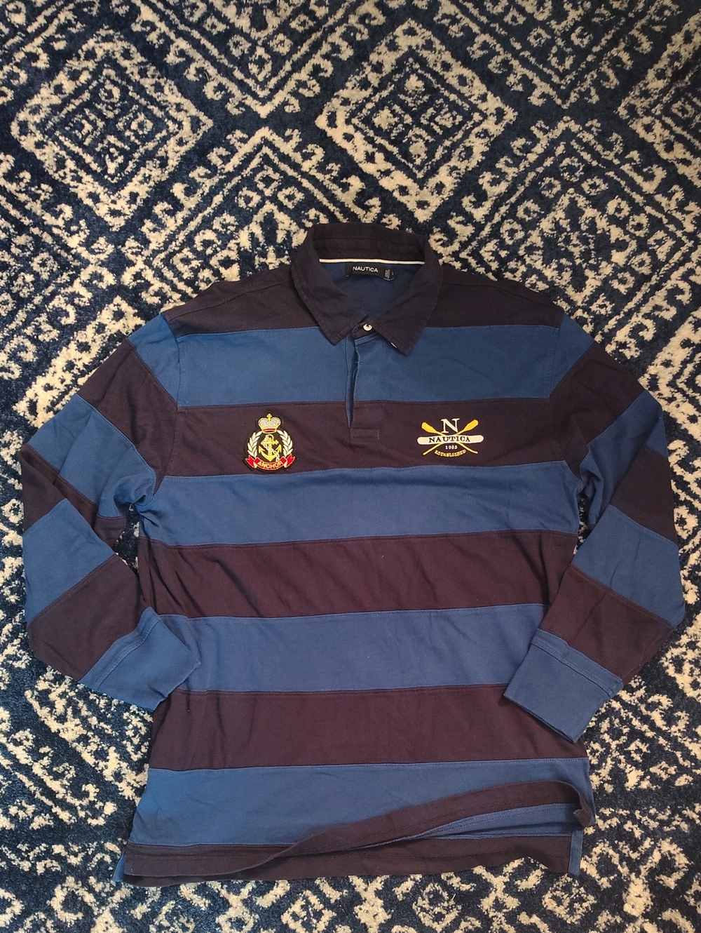 Nautica Navy and Blue Striped Long-Sleeve Rugby Polo With Custom Patchwork
